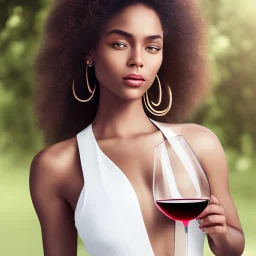 photo of a beautiful mixed race woman holding a bottle of wine, outdoors, photorealistic, ultra-detailed