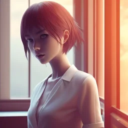 female student studying by the window, anime style,perfect face, cool face, ultra detail, unreal engine 5, cinema4d, sun light, studio lighting --ar 1:1 --v 4