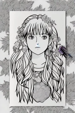 hyper detailed, black and white, thick line, coloring book illustration, lineart, stunningly beautiful woman in flowers