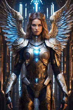 Fullbody photography super model Russian as Angel Beautiful and sexy woman dressing Biomechanical Symmetry Facing front portrait of Horus, sci-fi armour, tech wear, glowing colors lights sci-fi, intricate, elegant, highly detailed, digital photograph