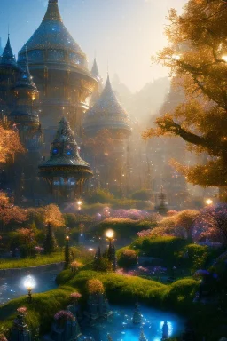 landscape, city of the elves, rose, gold, very blue sky, crystal domes, glistening oiled shiny, intricate, Exquisite details and textures, highly detailed, digital painting, artstation, concept art, sharp focus, nature background, illustration, 8k, by stability ai, nvidia