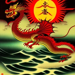 Ukiyo-e painting of a red dragon flying around a sun