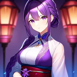 girl, masterpiece, best quality, volumetric lighting, detailed outfit, perfect eyes, purple hair, purple eyes, obi, braided ponytail,