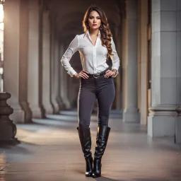 A full-body shot of a beautiful lady wearing shirt and tight pant with long boots ,curvy hair