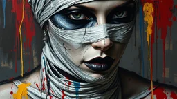 A close-up, abstract portrait of a woman's face and upper torso, rendered in a dark, gritty, and expressive style. The subject's face is partially obscured by bandages and what appears to be metallic plating, with visible cracks and openings revealing a complex inner structure. Her eyes are dark and intense, with heavy black makeup smudged around them. The entire composition is heavily textured with thick, impasto paint strokes and dripping paint in vibrant colors like red, blue, yellow, and bla