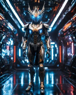 Length image full body photography Faced image Ultra-detailed benevolent cyborg in a spaceship, with anthropomorphic cybernetic Dragon elements on metal armor, neon lights reflections, reflection mapping, intricate design and details, dramatic lighting, Cinematic lighting, Volumetric lighting, Epic composition, Photorealism, Bokeh blur, Very high detail, Sony Alpha α7iv, ISO1900, Character design, Unreal Engine, Octane render, HDR, Subsurface scattering