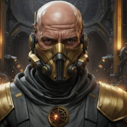 star wars bald male corellian pilot wearing pearlescent black and gunmetal grey First Order special forces heavy assault stealth commando armor and helmet with gold trim inside the jedi temple, hyperdetailed, dynamic lighting, hyperdetailed background, 8k resolution, volumetric lighting, light skin, fully symmetric details