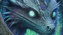 Demon-eyed Dragon with blue-gray-green iridescent scales Piercing thorough Indra's Net; Alex Pardee; surrealism, meticulous, mysterious, ominous, beautiful, award-winning, intricately detailed