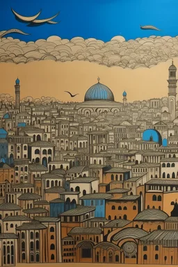 A grayish copper brown city with a coliseum in the sky designed in Indian Gond art painted by Andy Warhol