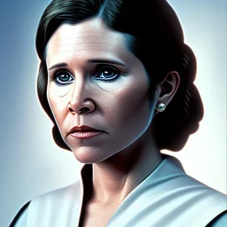 upper body photorealistic jedi carrie fisher in Star Wars, sharp brown eyes, photorealistic skin, jedi robe, cinematic lighting