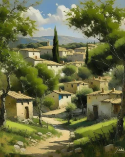 A small village with olive trees painted by Zosan