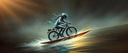 master oil painting by Rembrandt, viggo sandvik as insane eel wild ginger robot on surfboard boat trike , goa trance glitch poster, background motion blur, volume fog with light rays