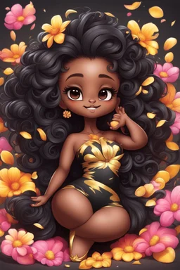 A sassy thick-lined airbrushed cartoon black chibi girl lounging lazily on her side, surrounded by flower petals. She has a golden lion tail curling playfully behind her curvy body. Looking up coyly, she grins widely, showing sharp lion teeth. Her poofy hair forms a mane framing her confident, regal expression.