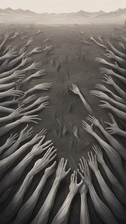 a field of thousands of hands of bodies buried in the ground not visible, horror, hands in different shapes coming out from the ground towards the sky Busch painting style nightmare and thin line draw