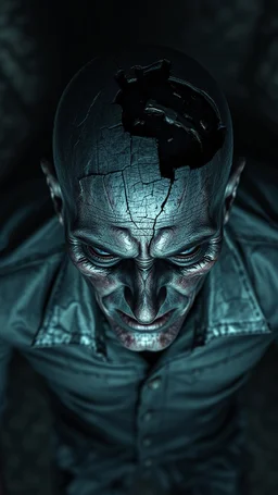 Busch painting style nightmare, a zoomed top view of a man his head is a broken metallic skin texture in a 3d rendering full-height image of a grim and dark scene. Ensure the final images exhibit the utmost quality, encompassing 4K, 8K, and 64K resolutions, with 3D rendering that manifests in photorealistic, hyperrealistic, and highly detailed representations. Employ techniques such as HDR, UHD,