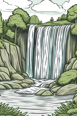Buatlah gambar dengan adanya air terjun yang bersih dan dikelilingi oleh pepohonan disekitarnya