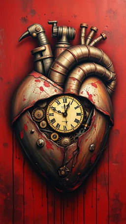 Bosch style painting , A 3D clock mechanical parts coming out of the middle of a rusty metallic open heart in details on red bloody background