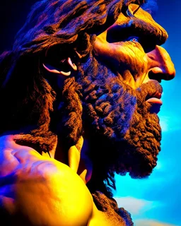 Imagina el hombre de Neandertal colores complementarios arte digital foto realista obra de arte hiperdetallada intrincada sombras 3D iluminación cinematografica 8k 3D cuerpo completo clima soleado nubes