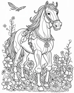 outline art for halloween coloring pages with horse and flowers, white background, Sketch style, full body, only use outline, clean line art, white background, no shadows and clear and well outlined, coloring page for kids, zombie