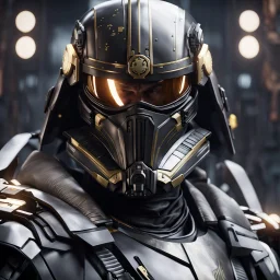 star wars bald male corellian pilot wearing pearlescent black and gunmetal grey First Order special forces heavy assault stealth commando armor and helmet with gold trim inside the jedi temple, hyperdetailed, dynamic lighting, hyperdetailed background, 8k resolution, volumetric lighting, light skin, fully symmetric details