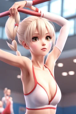 8k quality realistic image of a beautiful anime girl, doing gymnastics ,action, up close, 3d