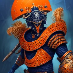 a fierce warrior in full navy blue and orange battle armor, with an orange fruit shield, a highly detailed illustration, background of Inka jungle, realistic render, 8 k, micro detail, intricate, elegant, centered, digital painting, Artstation, smooth, sharp focus, illustration, artgerm, tomasz alen kopera, peter mohrbacher, donato giancola, joseph christian leyendecker, wlop, boris vallejo