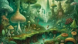 Surreal landscape teeming with fantastical creatures and flora. Intricate, otherworldly beings in varied poses interact amidst a dense growth of stylized plants and fungi. Detailed textures and colors evoke a dreamlike, slightly unsettling atmosphere. Creatures feature organic, sculpted forms blending animalistic and plant-like characteristics. Color palette is rich, with a mix of muted greens, browns, pale pinks and blues, offset by pops of vibrant colors like oranges and purples. Detaile