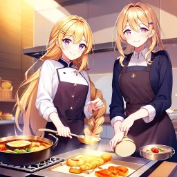 girl, masterpiece, best quality, volumetric lighting, detailed outfit, perfect eyes, golden hair, long hair, purple eyes, braided ponytail, smile, cooking, food, hairclip,