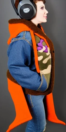 Brunette woman.thick thighs,thick calves,normal bodytype. big head. Mantle is sewed of upcycled Denim and sewed together of camouflage pieces. Colors are orange,red, cream and purple and various denim colors. It is with big bright purple felt tippet and cream-colored-hood. mantle is merged with satchel, ochre. AKG-style headphones (gold rings!) is merged with small felt cap with visor. Style: Haute Couture in 1950's, N.Y.C fashion in 2024, inspired by street art. Cream latex gaiter. Tennis shoes