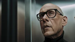 A striking, photorealistic portrait of Chris, a middle-aged european man with a slightly shaven head , wearing black square glasses, black shirta and makes a scared face. The background reveals a futuristic neon light, designed with modern, sleek lines and advanced technology. The overall ambiance gives off a sense of professionalism and cutting-edge innovation., photohigh detalied, sharp focus, professional photo