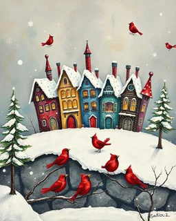 dance of snow-covered, whimsical, multicoloured houses of incredible architecture, bizarre Christmas trees and red, whimsical birds. Style of Inge Shuster, Catherine Hyde, Erica Hopper, Gabriel Pacheco, Jamie Heiden, Antoine Josse , Angelina Wrona, Duy Huyn, Cecilia Frigati, Esao Andrews. Abstract background with texture, grunge paper, mixed media art,acrylic, oil pastel, set of charcoal with different characteristics, pigments. Promt©valestok. Full size image, no text, no copyright. Modifiers: