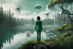 A skinny woman with a black bob hairstyle, in a green and silver suit, standing, looking out over a lake, in an alien forest, with tall narrow cloud trees, with flying dandelion heads with octopus tentacles