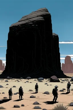 giant black rock in the desert with small people around n the style of Hiroshi Nagai