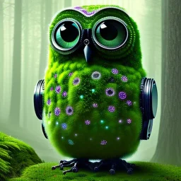 Mossy robot owl in a misty forest