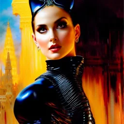 Drawing of beautiful face,'beautiful ,Busty Catwoman',intense stare, ancient skintight armor, balanciaga fashion clothe painting by gaston bussiere, greg rutkowski, yoji shinkawa, yoshitaka amano, tsutomu nihei, donato giancola, tim hildebrandt, Oil on canvas, cinematic composition, extreme detail,fit full head inside picture,16k