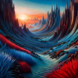 realistic detailed movie shot of a landscape background by denis villeneuve, amano, yves tanguy, alphonse mucha, ernst haeckel, max ernst, roger dean, masterpiece, rich moody colours, dog teeth, blue eyes, sunrise, strong texture, extreme detail, intricate, strong colours, bas-relief, high resolution, volumetric light, 8k, 3d, cinematic, rich moody colors, sparkles, blue eyes, octane render, 55mm photography, 8k, sharp focus, volumetric light, ZBrush, architecture by henri rousseau, atlantis sci