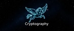 A star constellation in the form of a Pegasus in front of a deep space. Glowing lines connecting the stars that form the constellation. Digital Art. Digital Drawing. Logo. Icon. The word Cryptography is under the Pegasus