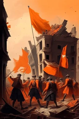 soldiers from the 1700s putting a orange flag in the middle of a destroyed city