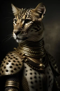 photograph of an anthro cheetah woman wearing medieval plate armor