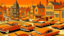 An orange colored mechanical town with speedy cars painted by John Brack