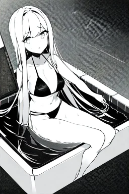 bikini long hair thin girl with leg in abyss pool, greyscale, sexy pose, screen tones