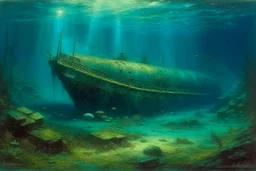 A shipwreck in deep underwater painted by Birge Harrison