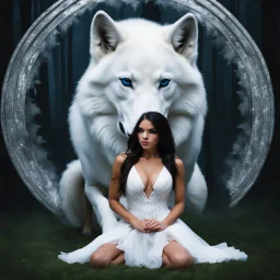 Beautiful young woman kneeling in front of a large white alpha wolf