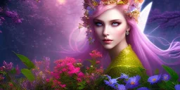 bright fairy, beautiful portrait, flowery landscape