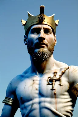 Ultra Realistic image, Roman sculpture, white marble material, Lionel Messi, gold crown of natural thorns, god crown, Renaissance style, sun rays background, waist up portrait, gold flecks, epic, celestial, cinematic lighting, God lights, 4k resolution, smooth details, soft lighting, unreal engine 5, art station, substance 3d.