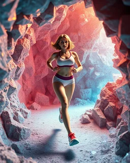 make a picture pretty crystal cave made of jwells and 3d fractal recursive cubic and sphere base crystals and a beautiful fashion model lady with cute,bob hair,makeup, in pretty sports suit is running inside cave ,dynamic camera fallow her inside cave capturing full body, dynamic lights.