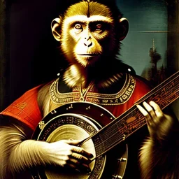 scratchart by leonardo davinci of a monkey playing a banjo, strings