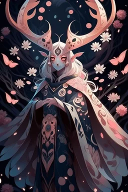 Pink hair spring cherry blossom Eladrin Male antlers blossom filled beard druid of the stars moth wings