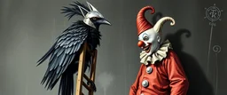 crow knight with cat o nine tails, wearing mirror hat, climbing ladder, in front of chalk art clown, in the style of escher and giger
