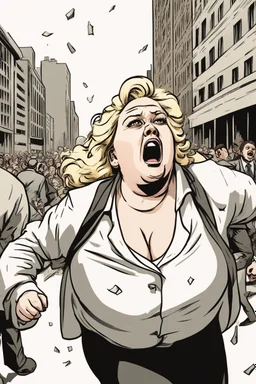 an obese terrified blonde white woman crying and sobbing in a pant suit desperately running away from an angry mob of thousands of all black people chase her down a city street